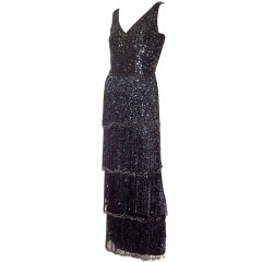 1960's Black Bugle-Beaded, Sequined, & Beaded Fringed Gown