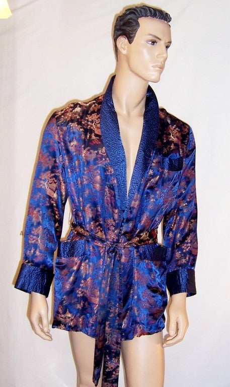 1950's Men's Prussian Blue Silk Brocaded Smoking Jacket