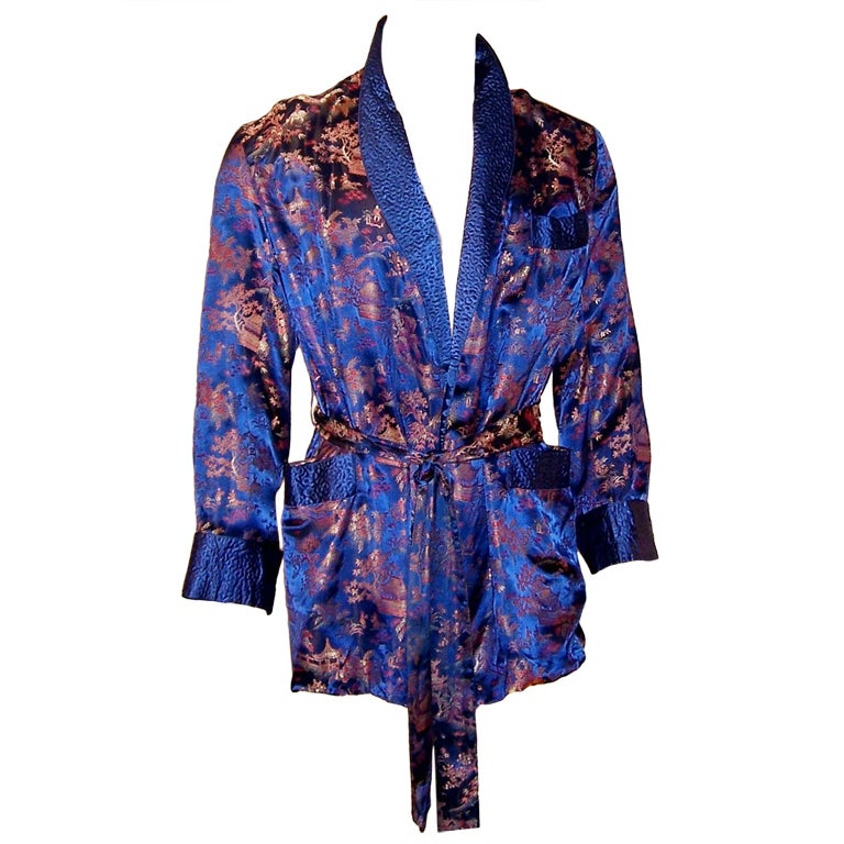 1950's Men's Prussian Blue Silk Brocaded Smoking Jacket For Sale