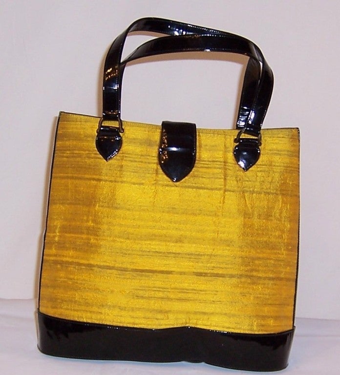 Women's Philippe Model-Yellow Silk & Black Patent Leather Handbag For Sale