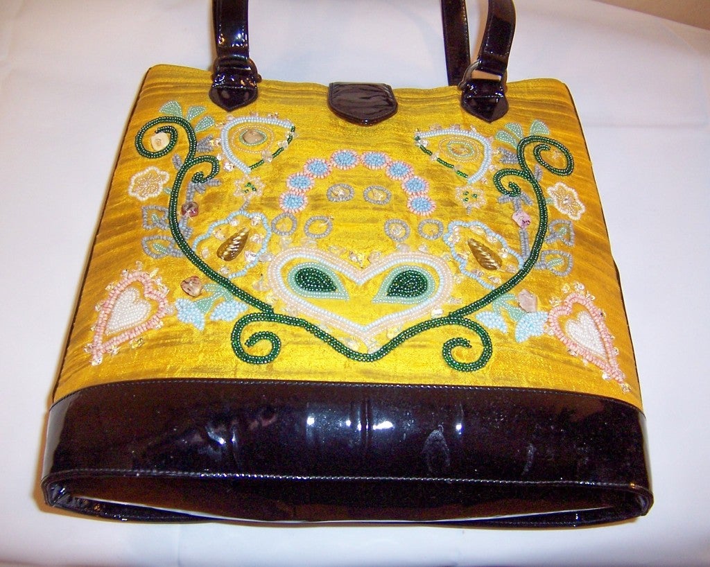 Philippe Model-Yellow Silk & Black Patent Leather Handbag For Sale 1