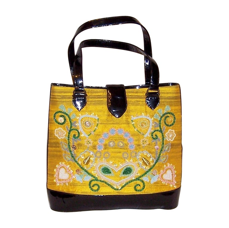 Philippe Model-Yellow Silk & Black Patent Leather Handbag For Sale