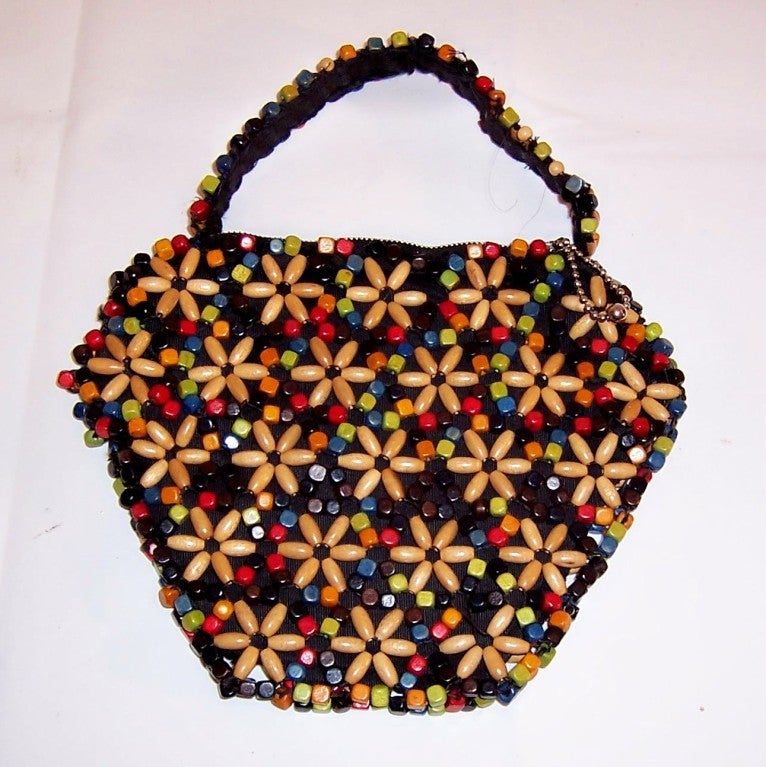 1930's Czechoslovakian Multi-Colored Wooden Beaded Handbag