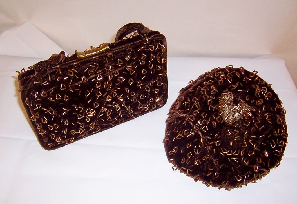 1940's Brown Velvet Handbag-Matching Chapeau- Beadwork Designs