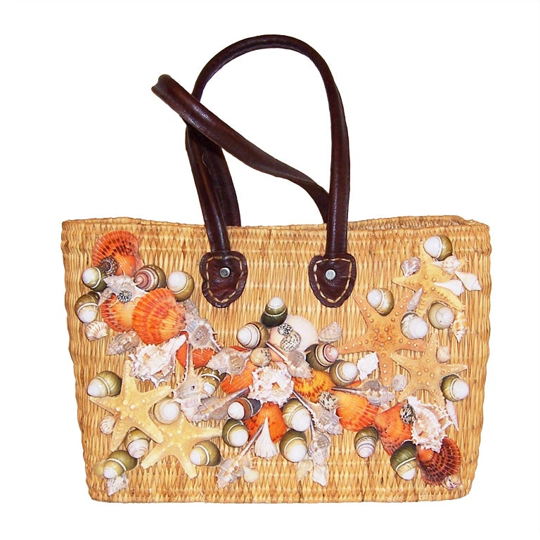 Woven Straw Beach, Handbag with Shell Embellishment at 1stdibs