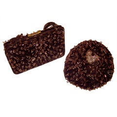 1940's Brown Velvet Handbag-Matching Chapeau- Beadwork Designs