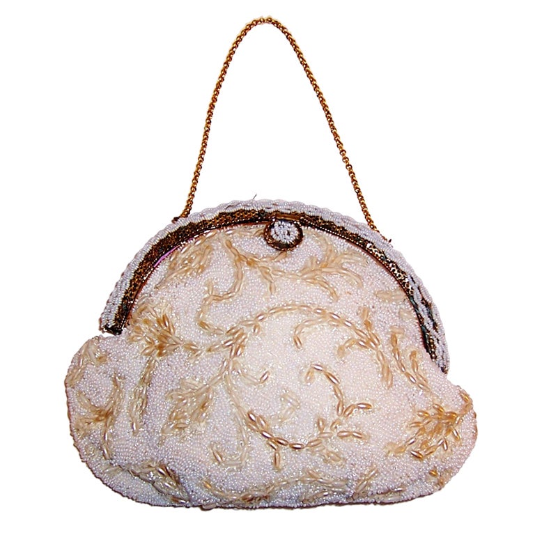 1950's, Jolles Original,  White Seed Beaded Handbag For Sale