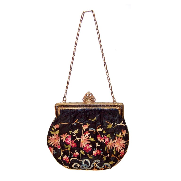 1920's Black Silk Handbag Embellished withTambour Embroidery For Sale