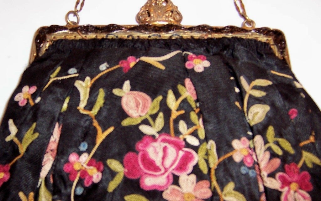 Women's 1920's Black Silk Handbag Embellished withTambour Embroidery For Sale