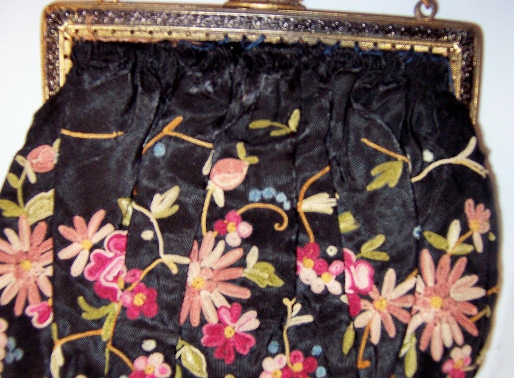 1920's Black Silk Handbag Embellished withTambour Embroidery For Sale 1