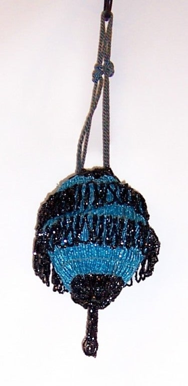 1920's Czechoslovakian Black/Turquoise Glass Beaded Handbag