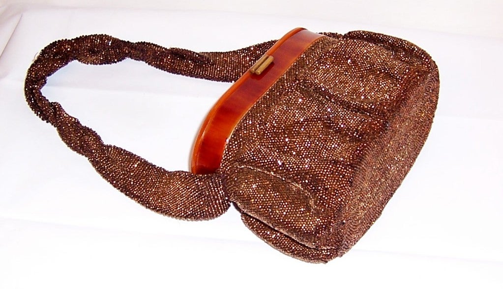 1940's Bronze Colored Beaded, Oval-Shaped, Handbag/ Bakelite Lid For Sale 3
