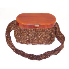 Vintage 1940's Bronze Colored Beaded, Oval-Shaped, Handbag/ Bakelite Lid