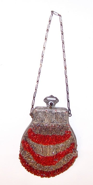 Superb 1920's Red & Silver Beaded Handbag with Elaborate Frame