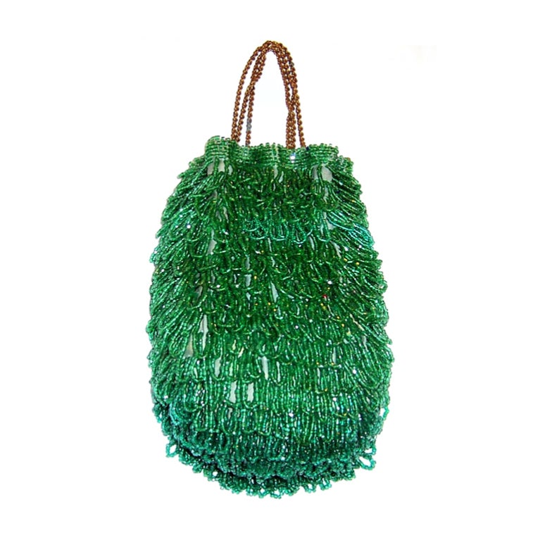 1920's Luscious Kelly Green Beaded Reticule/Handbag For Sale