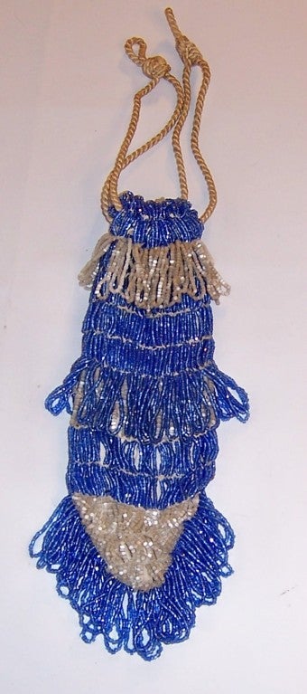 1920's Cobalt Blue&White Glass Beaded Reticule-Handbag