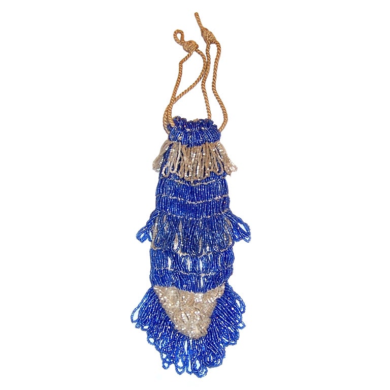 1920's Cobalt Blue&White Glass Beaded Reticule-Handbag For Sale