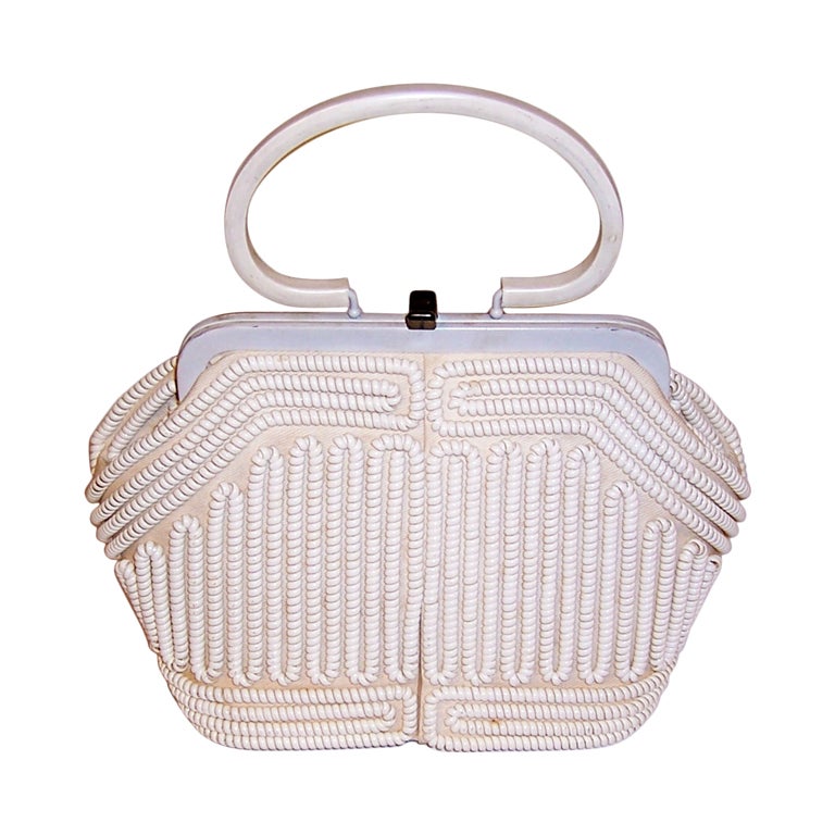 Late 40's-Early 50's-White Plastic Coil Summertime Handbag For Sale