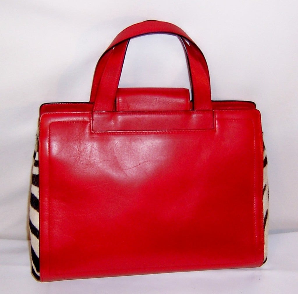 Women's Adrienne Vittadini-Red Leather & Printed Zebra Handbag For Sale