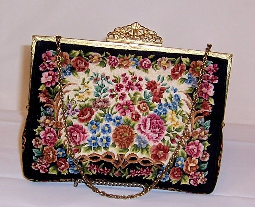 Women's 1950's Petit Point Handbag-Floral Design on Black Background For Sale