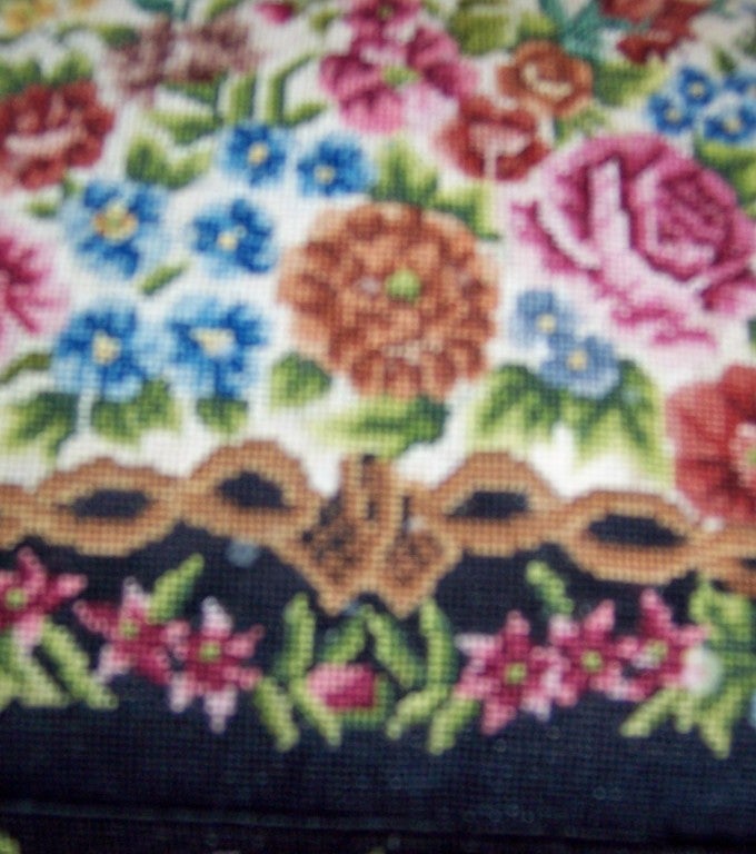 1950's Petit Point Handbag-Floral Design on Black Background For Sale 2