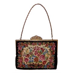1950's Petit Point Handbag-Floral Design on Black Background
