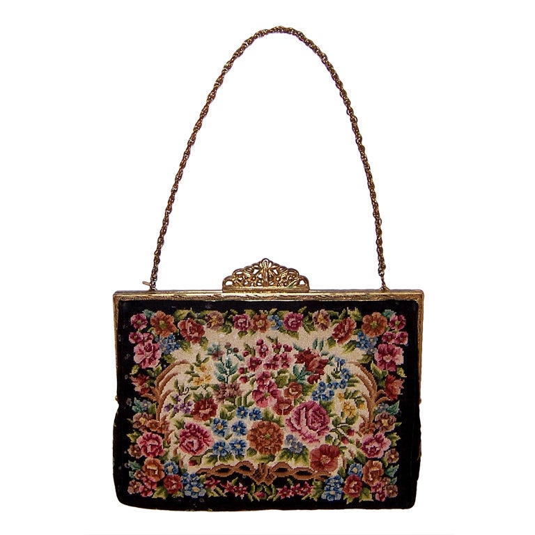 1950's Petit Point Handbag-Floral Design on Black Background For Sale