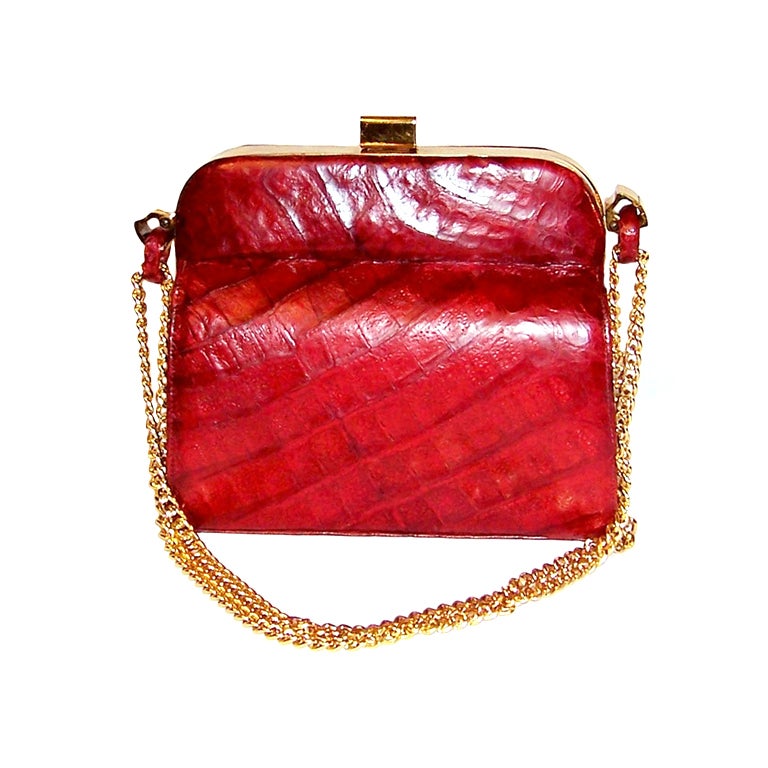 1940's Red Alligator Handbag with Double Gold  Chain Handles For Sale