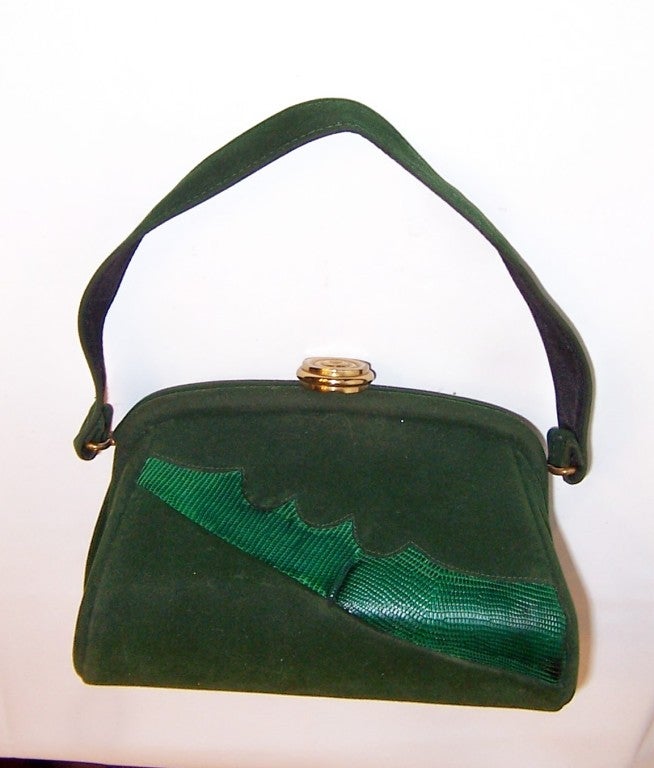 1940's Green Velveteen and Dyed Lizard Pouch-Style Handbag
