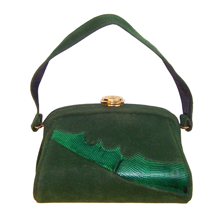 1940's Green Velveteen and Dyed Lizard Pouch-Style Handbag For Sale