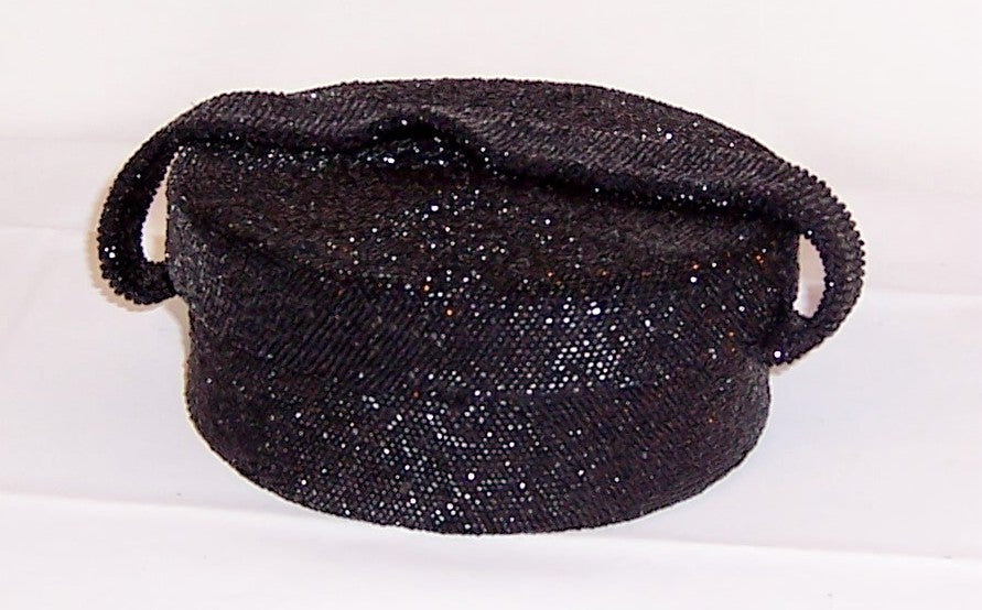 1940's Black Glass Beaded, Hat Box Shaped, Handbag