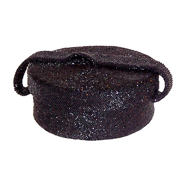 1940's Black Glass Beaded, Hat Box Shaped, Handbag For Sale