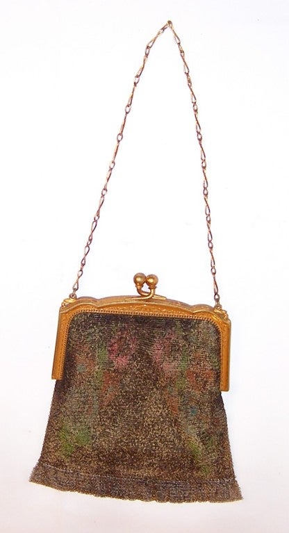 Offered for sale is this stunning, Dresden, baby-fine mesh metal bag, enameled in soft muted colors, almost resembling a miniature woven tapestry, with an ornate gilded frame by Whiting & Davis. The bag measures 4