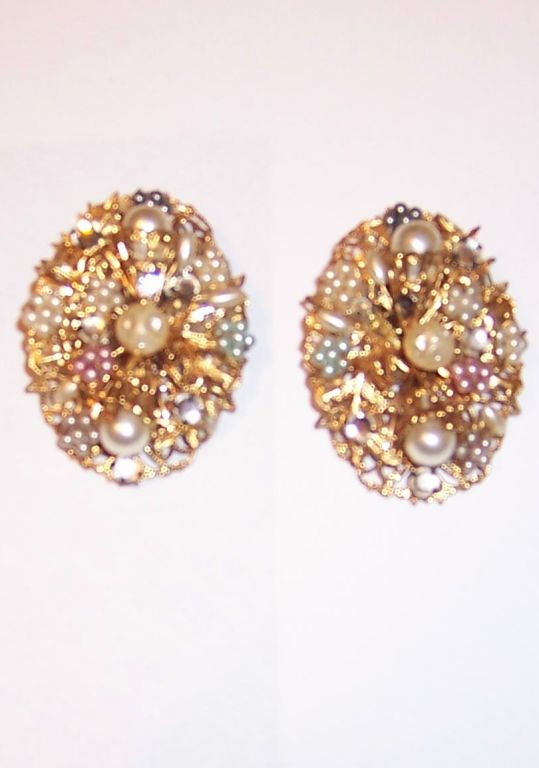 Large Pair of Brass Filigree Earrings with Faux  Pearls In Excellent Condition For Sale In Oradell, NJ