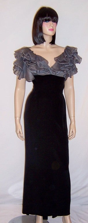 Women's Late 1930's Black Gown with Gray Organdy Ruffled Bodice For Sale