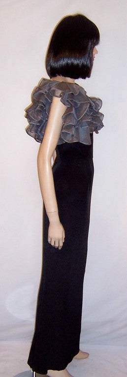 Late 1930's Black Gown with Gray Organdy Ruffled Bodice For Sale 1