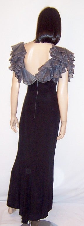 Late 1930's Black Gown with Gray Organdy Ruffled Bodice For Sale 2
