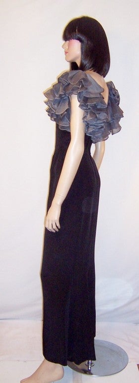 Late 1930's Black Gown with Gray Organdy Ruffled Bodice For Sale 3