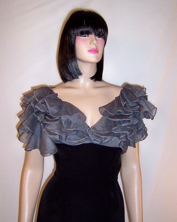 Late 1930's Black Gown with Gray Organdy Ruffled Bodice For Sale 4