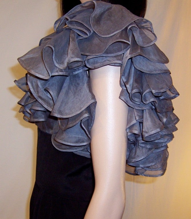Late 1930's Black Gown with Gray Organdy Ruffled Bodice For Sale 5
