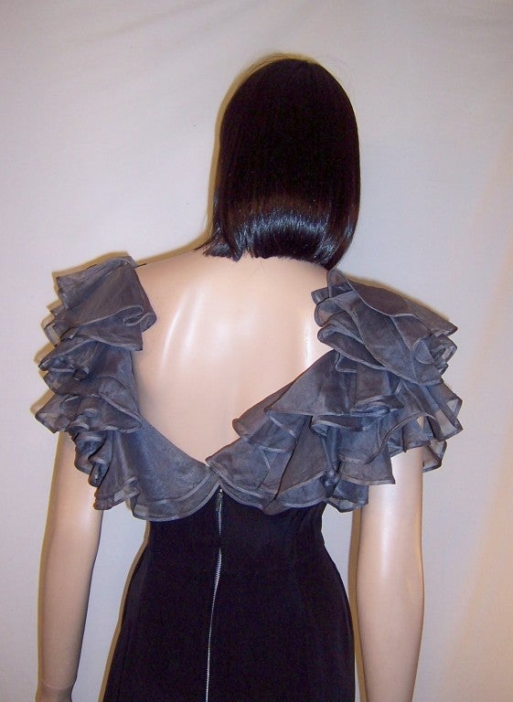 Late 1930's Black Gown with Gray Organdy Ruffled Bodice For Sale 6