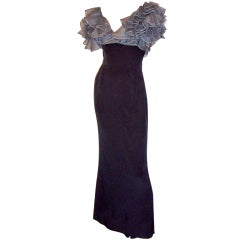 Late 1930's Black Gown with Gray Organdy Ruffled Bodice