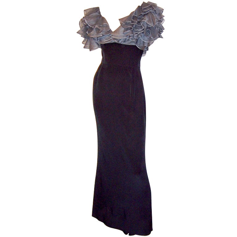 Late 1930's Black Gown with Gray Organdy Ruffled Bodice For Sale