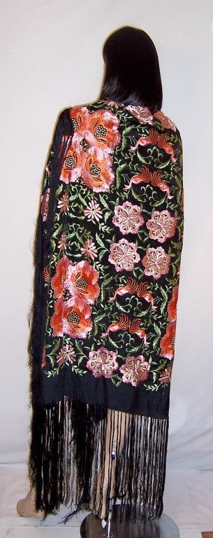Chinese Embroidered Shawl with Pink & Apricot Florals-Black Silk