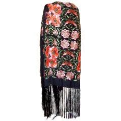 Chinese Embroidered Shawl with Pink & Apricot Florals-Black Silk