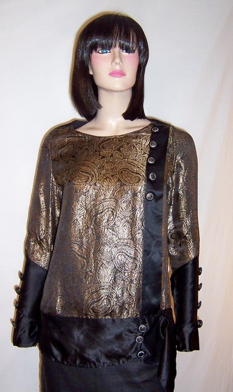 1920's Black Silk & Gold Lame Blouse with Stylized Floral Design