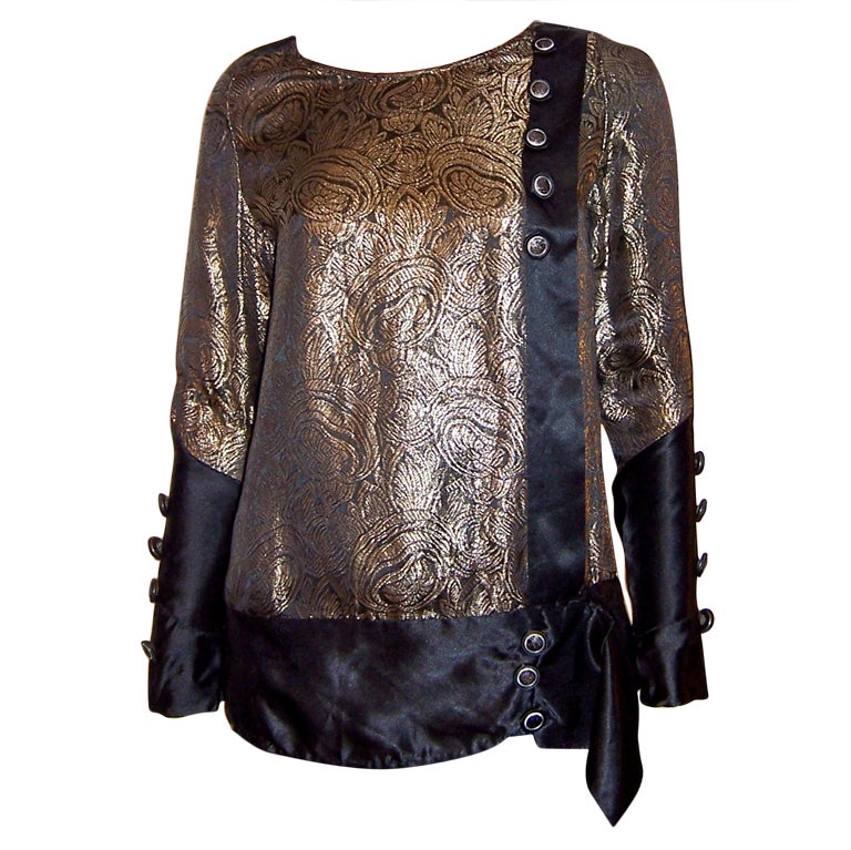 1920's Black Silk & Gold Lame Blouse with Stylized Floral Design For Sale