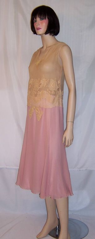 1920's Pink Sorbet Chiffon Gown with Ecru Lace on Net Bodice