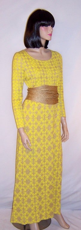 1960's Louis Feraud Yellow & Gold Metallic Maxi Dress