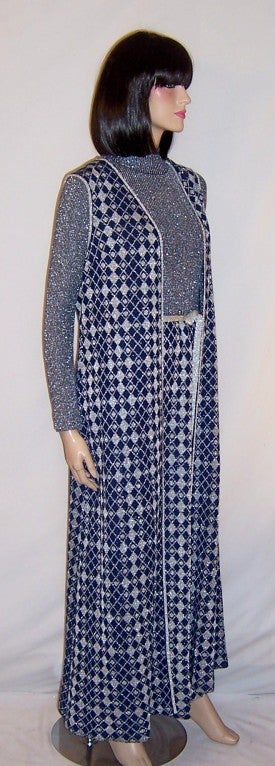 Women's 1960's Louis Feraud Maxi-Dress &Tunic Ensemble-Navy & Silver For Sale